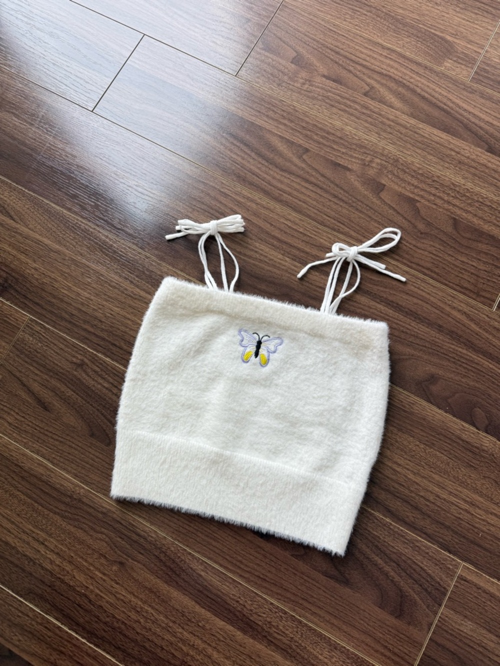 White Off-Shoulder Tie-Strap Crop Top with Butterfly Accent - Picture 2 of 4